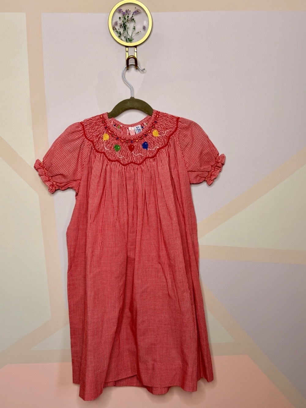 Red Gingham Smocked Girls Dress with Colorful balloon Embroidery 🎈